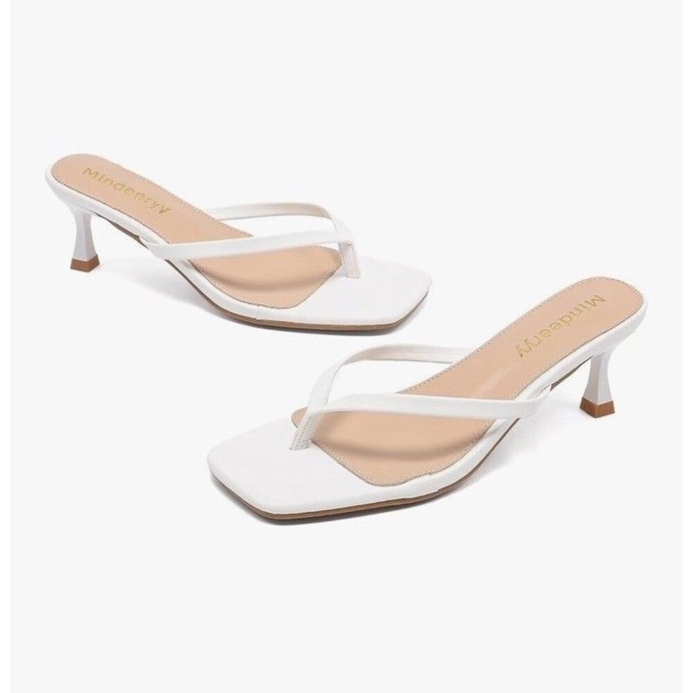 Women's Kitten Heels Flip Flops Square Toe Size 11 Slip On Thong Sandals White - Picture 7 of 16